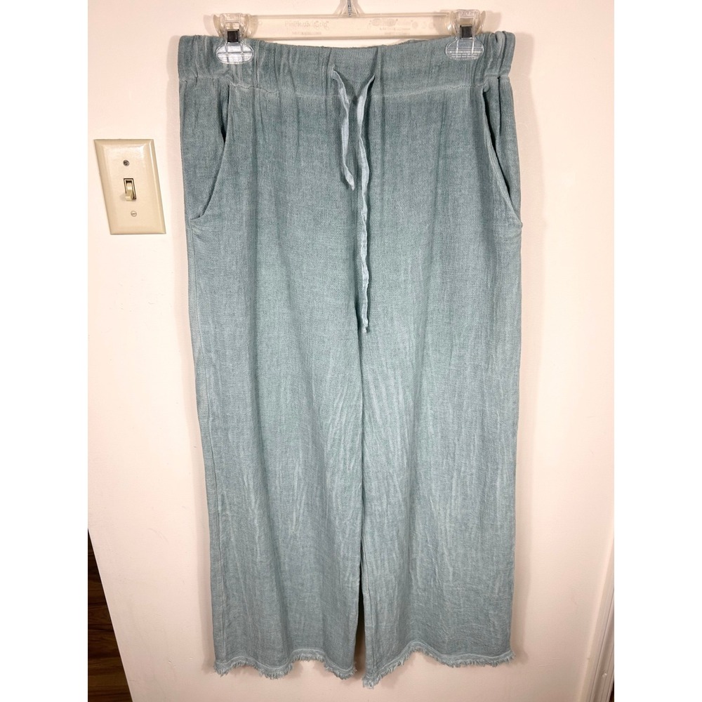Colette Wide Leg Pants Women's Sage Cotton Linen Made in Italy Fringe Hem Luxe‎